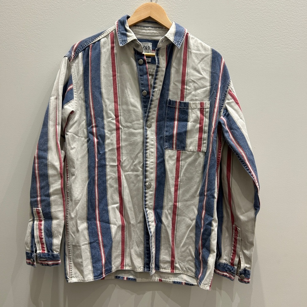 Zara Relaxed Fit Striped Shirt in Blue and Red